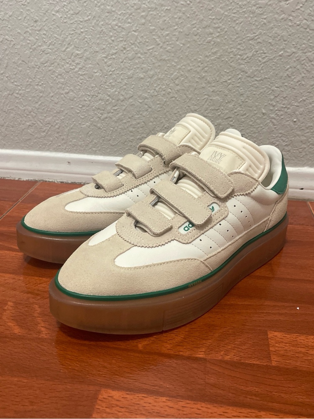 adidas Men’s Cream White Green Platform Velcro Sneakers